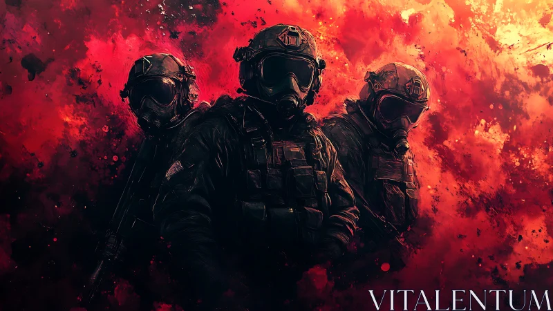 Triad of shadow soldiers in an inferno bloom of crimson smoke.