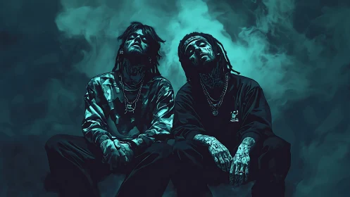 Moody neon duo drifting through a storm of teal smoke.