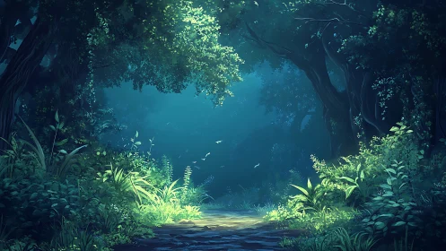 Luminescent Cavern Pathway with Volumetric Lighting Through Deciduous Canopy