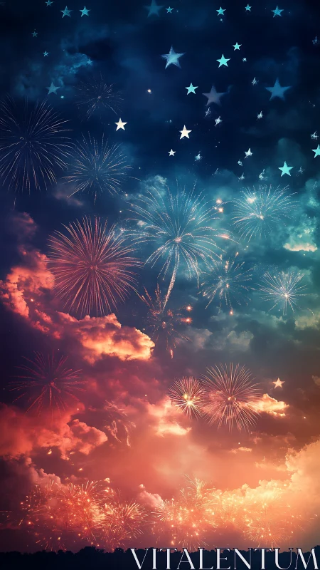 Colorful fireworks over clouds and night sky scene.