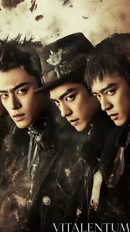 Triadic portrait with cinematic chiaroscuro and particulate drift.