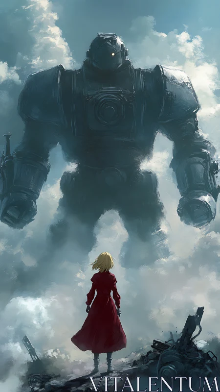 Lone wanderer calmly greets a towering mech in the clouds