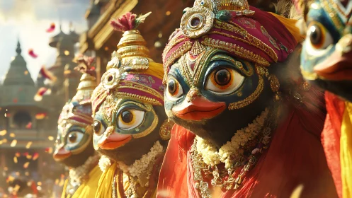 Colorful festival masks glow warmly in a sunlit celebration