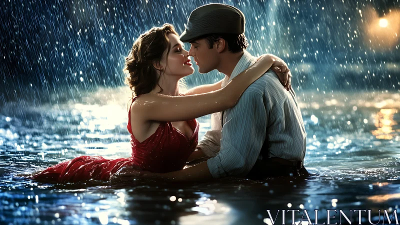 Couple Embracing in Rain by Night Water