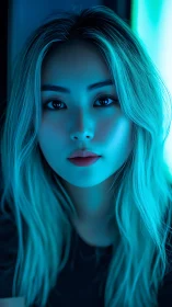 Soft neon glow on a calm, thoughtful midnight portrait.