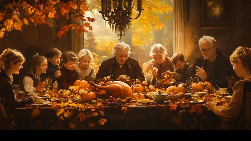 Golden autumn family feast around glowing harvest table.