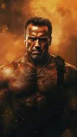 Battle-scarred warrior stands resolute in blazing ember haze