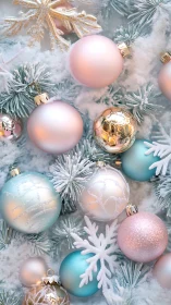 Pastel ornaments rest on frosted artificial pine branches