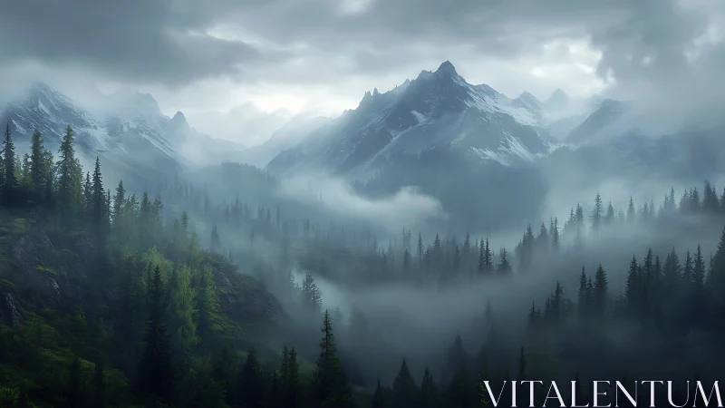 Mist-shrouded alpine peaks rise above brooding forest valley.