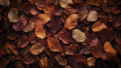 Crisp autumn leaf carpet in warm low key lighting.