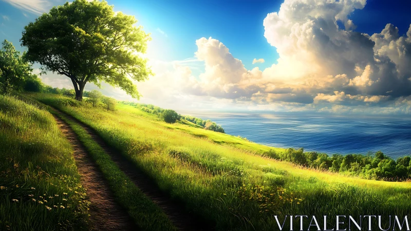 Sunlit coastal meadow path leads toward a serene blue horizon
