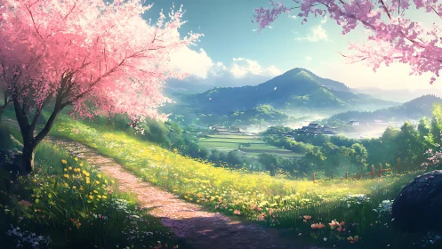 Cherry blossom path overlooking peaceful valley village.