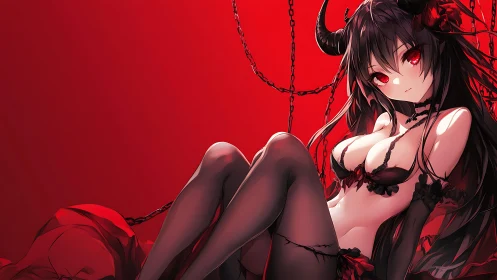 Demonic anime girl reclines in crimson chains and shadows.