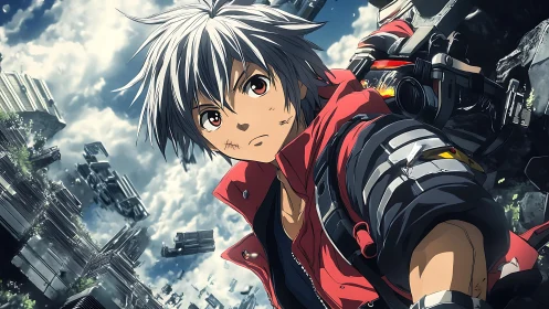 Dynamic anime hero framed against fragmented floating cityscape