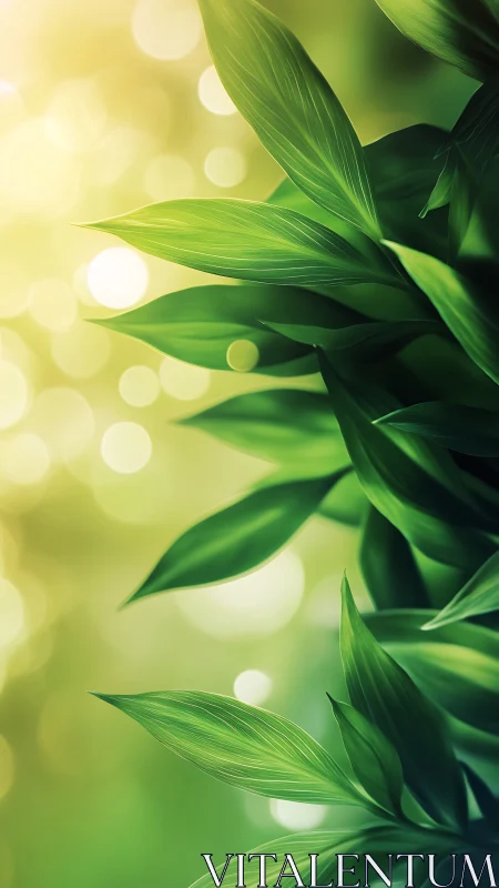 Lush green foliage against sunlit bokeh background.