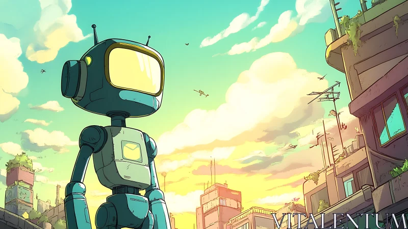 Cartoon robot overlooks sunlit eco-urban rooftop skyline.
