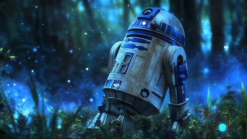 Astromech droid rendered in luminous forest bioluminescence field.