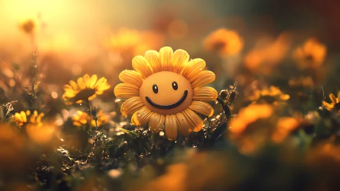 Smiling sunflower friend glowing in a warm golden meadow.