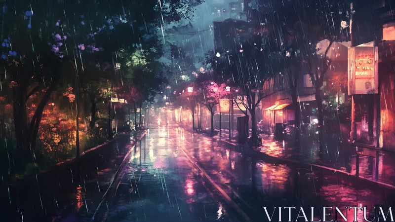 Neon city street glows through night rain reflections.