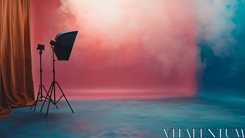 Studio lighting rig frames colorful fogged backdrop stage
