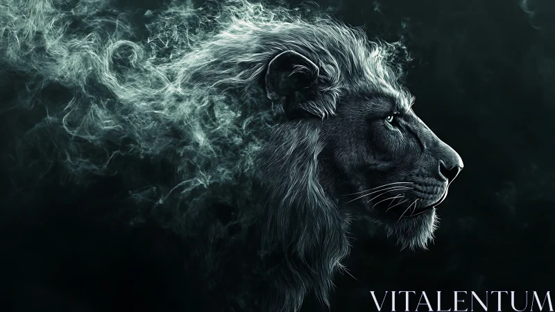 Ethereal lion profile with smoke-diffused mane on black field.