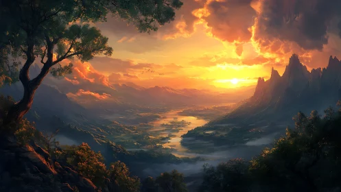 Distant river kingdoms glow beneath a storm-kissed sunrise