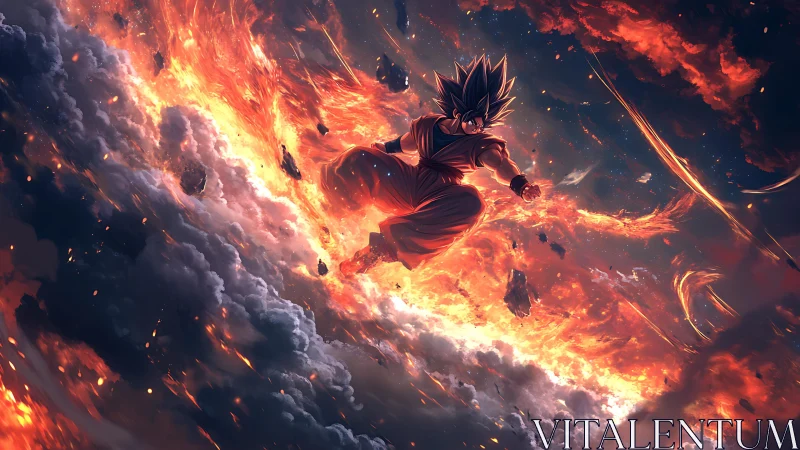 Dynamic anime warrior suspended in incendiary cloud vortex field