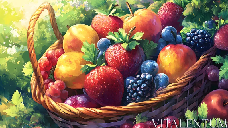 Sunlit wicker basket overflowing with luminous summer fruits.