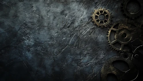 Rusty gear wheels rest on dark textured stone surface