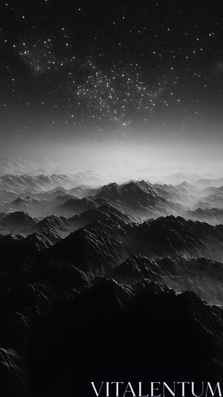 Monochrome extraterrestrial mountain ridges under dense stellar field