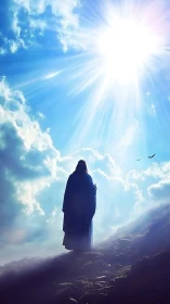 Robe-clad figure on slope under intense sun and clouds.