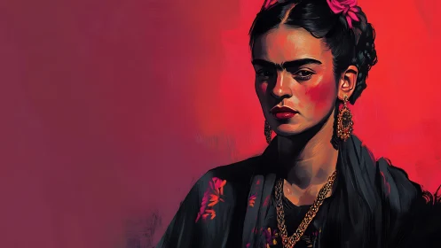 Bold woman portrait in red light with floral details.