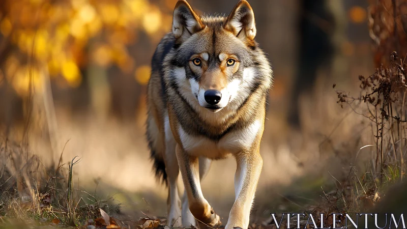 Gray wolf stalks forest path under warm autumn light