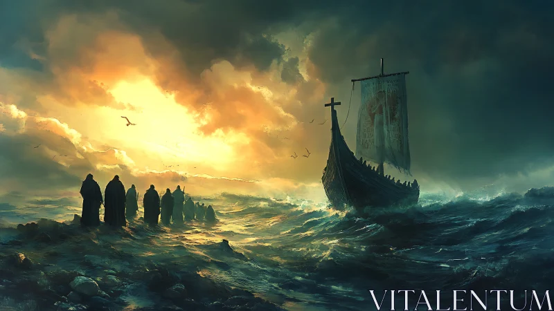 Pilgrims and a stormlit ship seeking the glowing horizon.