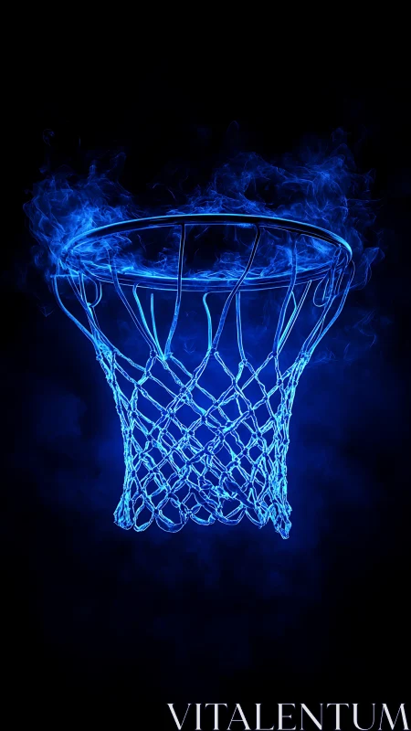 Neon blue basketball hoop glows through swirling smoke.