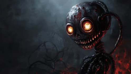 Mechanical skull figure with illuminated eyes is rendered