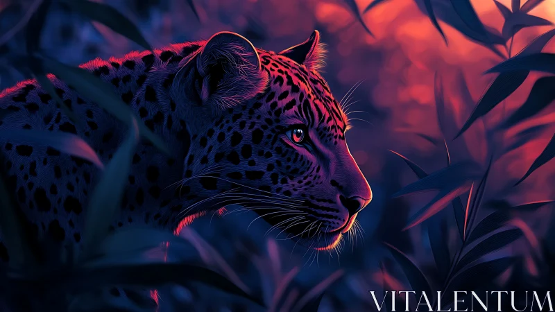 Neon-lit leopard portrait with glowing eyes in dark jungle setting