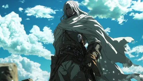 Wind‑sculpted cloaked wanderer under cumulonimbus sky field.