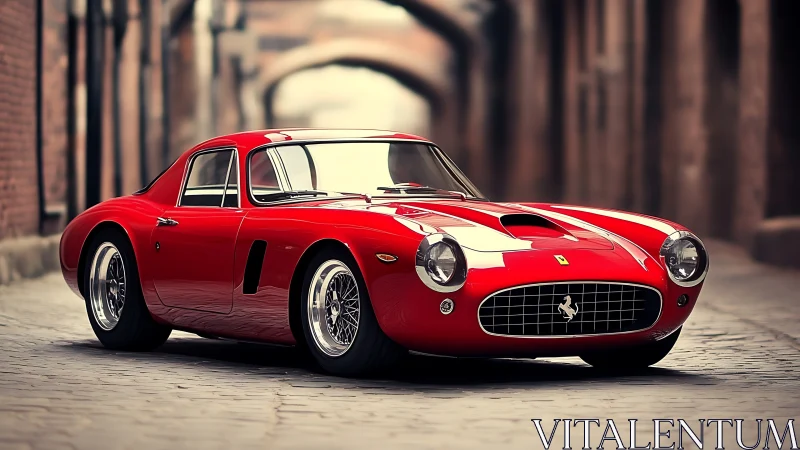 Classic red gran turismo coupe in cobblestone urban corridor.