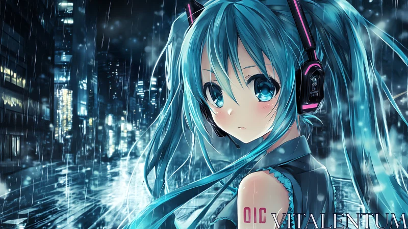Neon-haired anime girl walks alone through rainy night city.