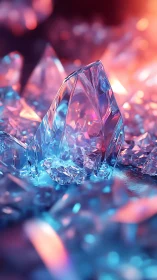 Crystal shards under neon blue and pink lighting glow.