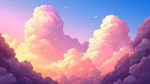 Sunset cumulonimbus rendered in luminous pastel gradients