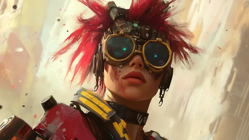 Cyberpunk pilot portrait with augmented visor and red hair