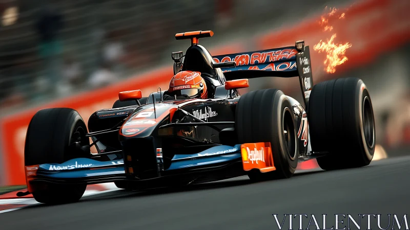 Photorealistic Formula race car with dynamic track motion framing.