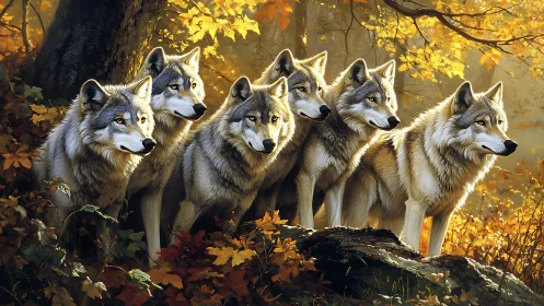 Loyal wolf pack gathered in golden autumn forest light.
