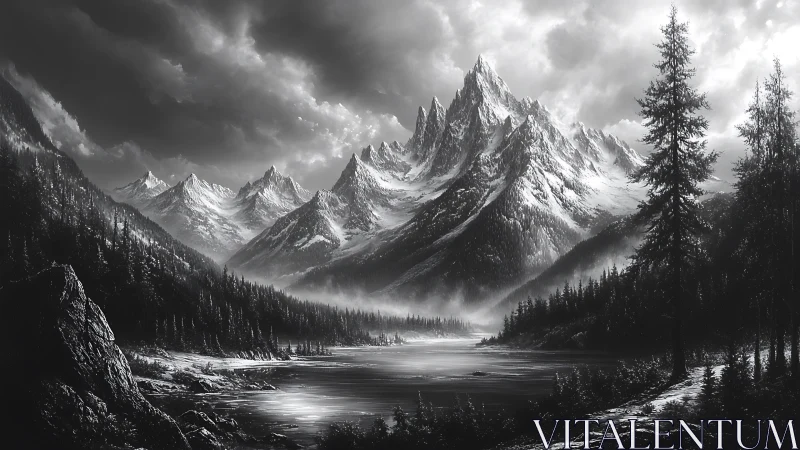 Monochrome alpine mountain range above forested lake scene.