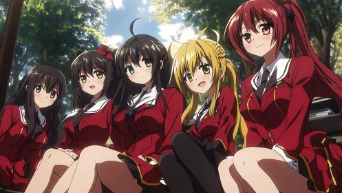Sunlit campus bench gathers five radiant anime friends