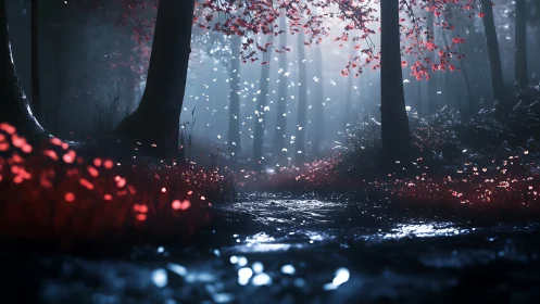 Mystical Forest Stream with Bioluminescent Flora.