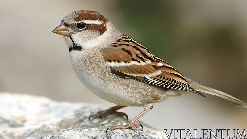 Close-up of a house sparrow perched on a rock in natural light.
