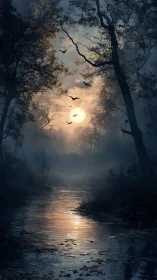 Nocturnal forest creek under misty full moonlight glow.